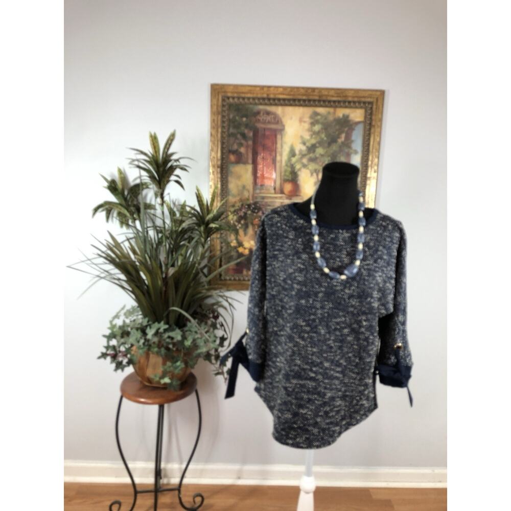 Charter Club Women’s Blue Knit Sweater Small 3/4 Sleeve with Ribbon Tie Detail